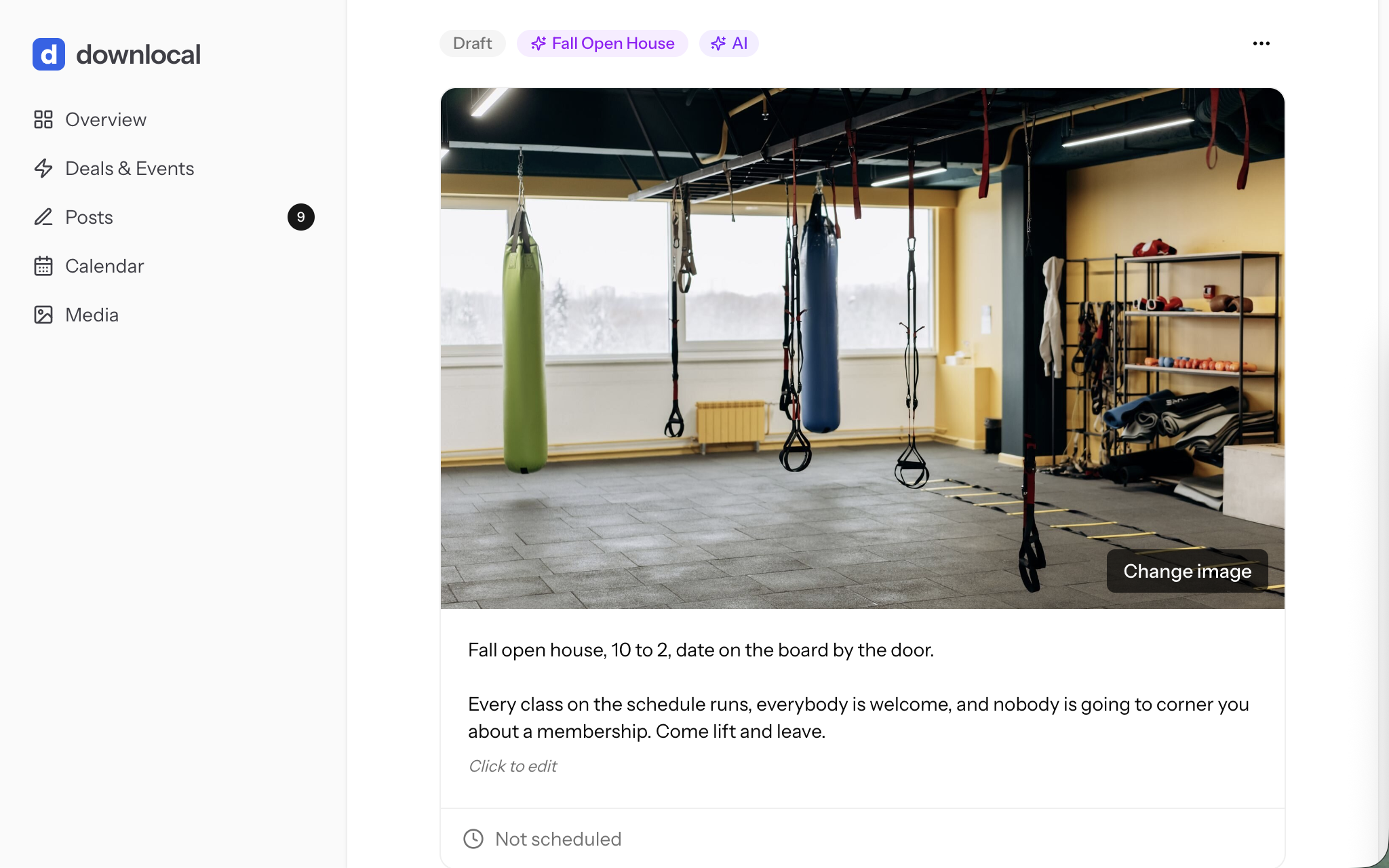 Downlocal web app post page for a gym, showing a drafted post's image and caption with Draft and AI labels