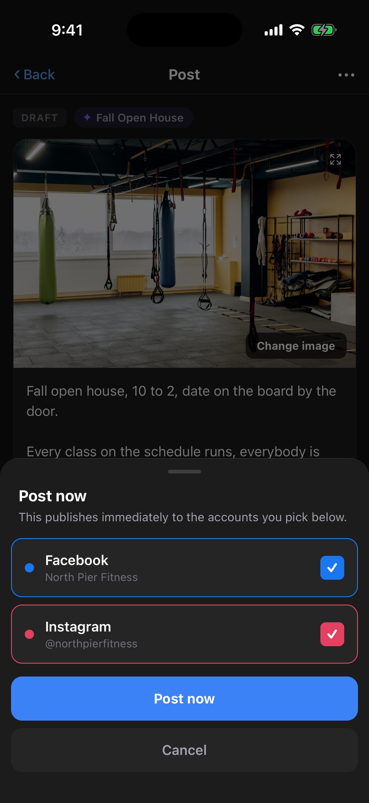 Downlocal mobile app publish confirmation for a gym: Facebook and Instagram toggles above a Post now button, over the drafted post