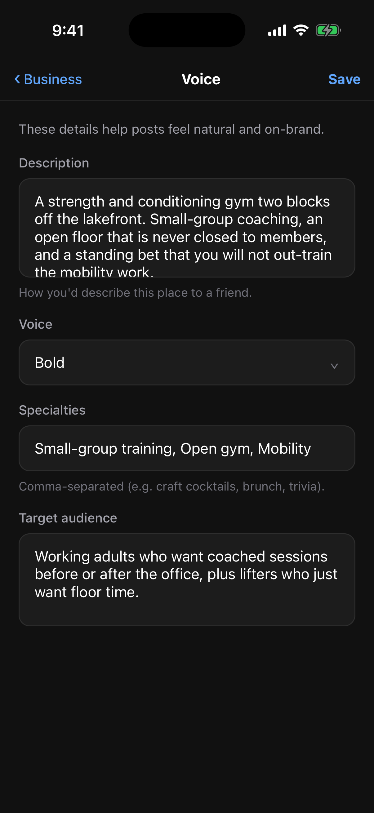 Downlocal mobile app business voice settings, with the voice set to Bold and the specialties the gym is known for listed beneath