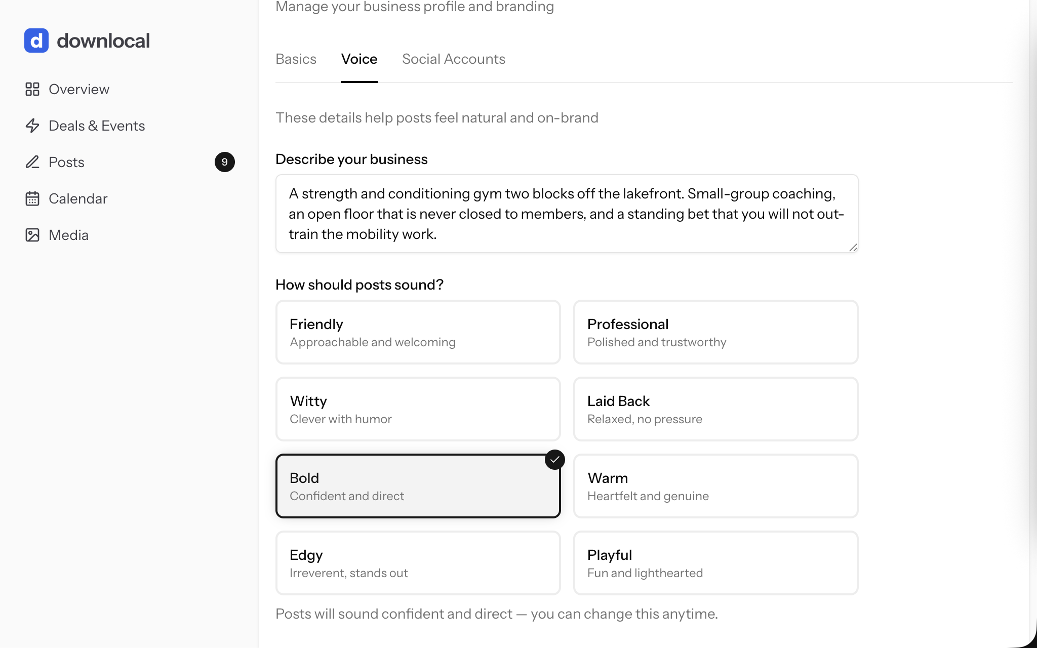 The Voice tab of the Downlocal web app's My Business settings, showing the same tone grid and specialties