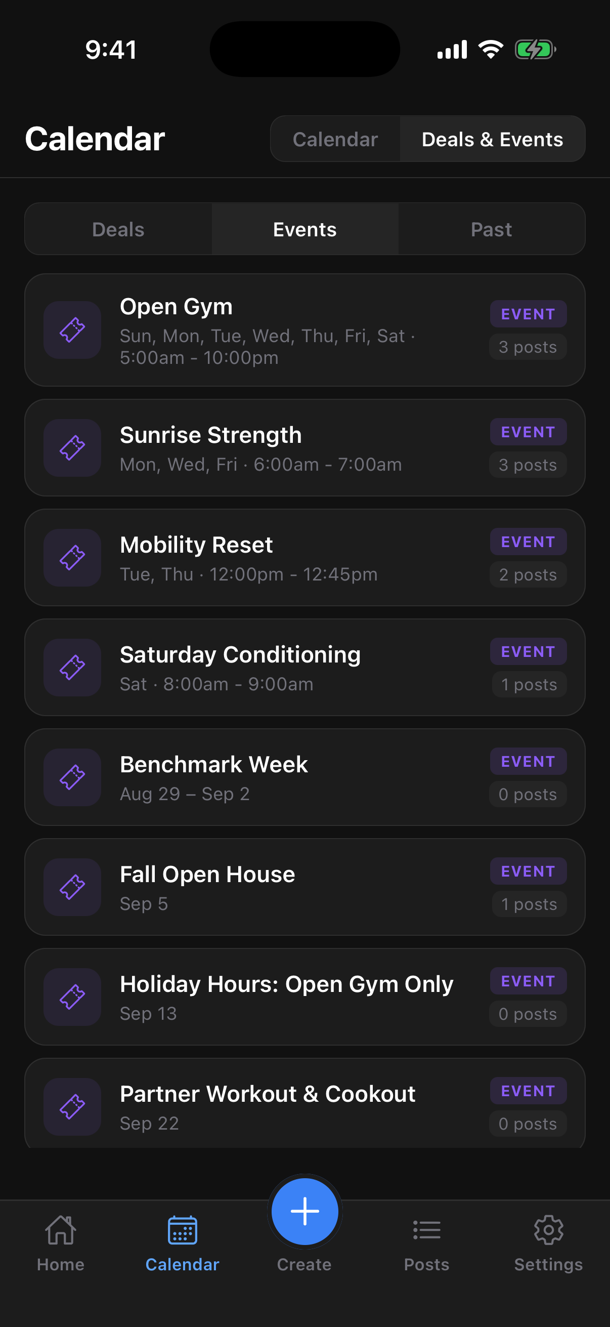 Downlocal mobile app Deals and Events list for a gym, showing recurring classes with the days and times they run