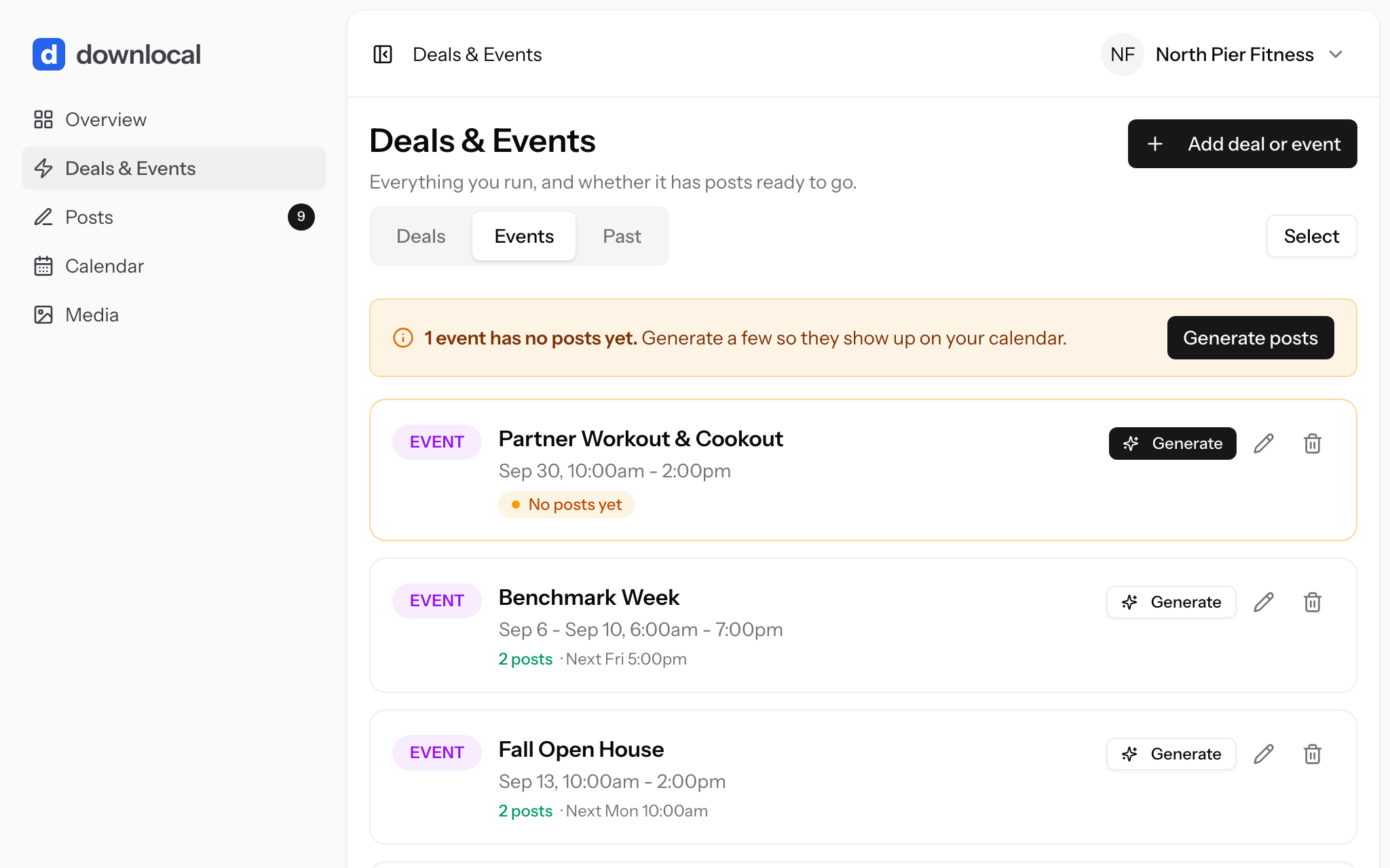 Downlocal web app Deals and Events on the Events tab, each saved event showing its schedule, how many posts it has, and a Generate button