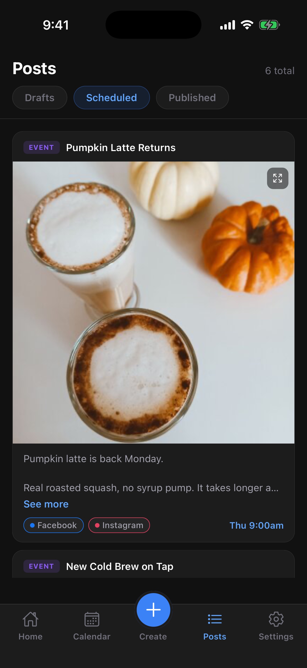Downlocal mobile app Posts tab, Scheduled segment, listing approved posts with the date and time each goes out and which platforms it goes to