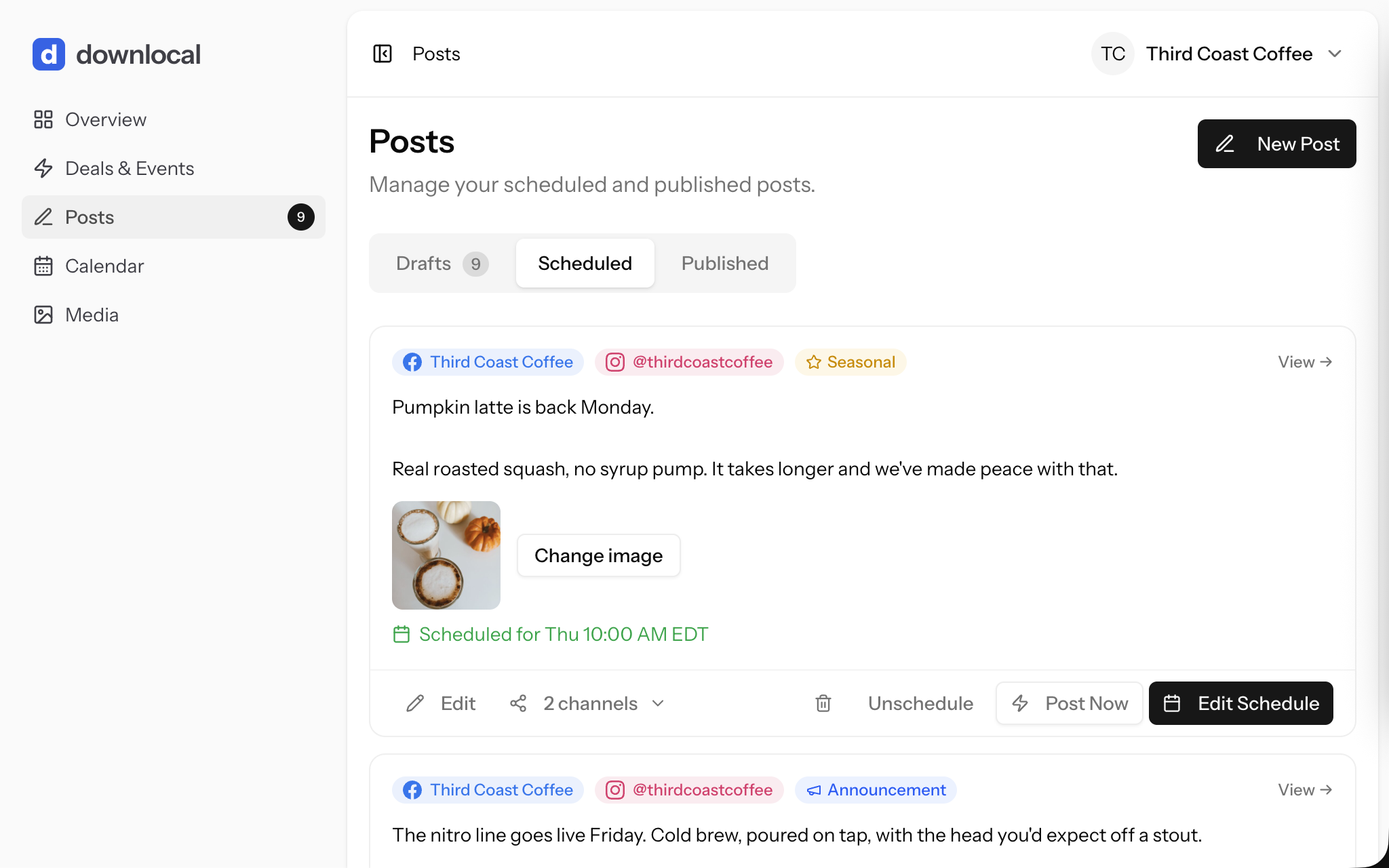 Downlocal web app Posts list filtered to Scheduled, showing the same queue of approved posts and their send times
