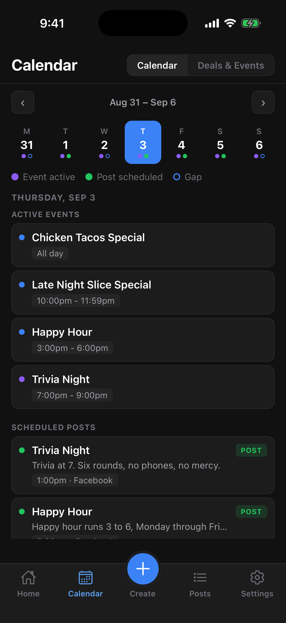 Downlocal mobile app calendar, a week strip with dots marking active deals and scheduled posts, and the selected day's events and posts listed below