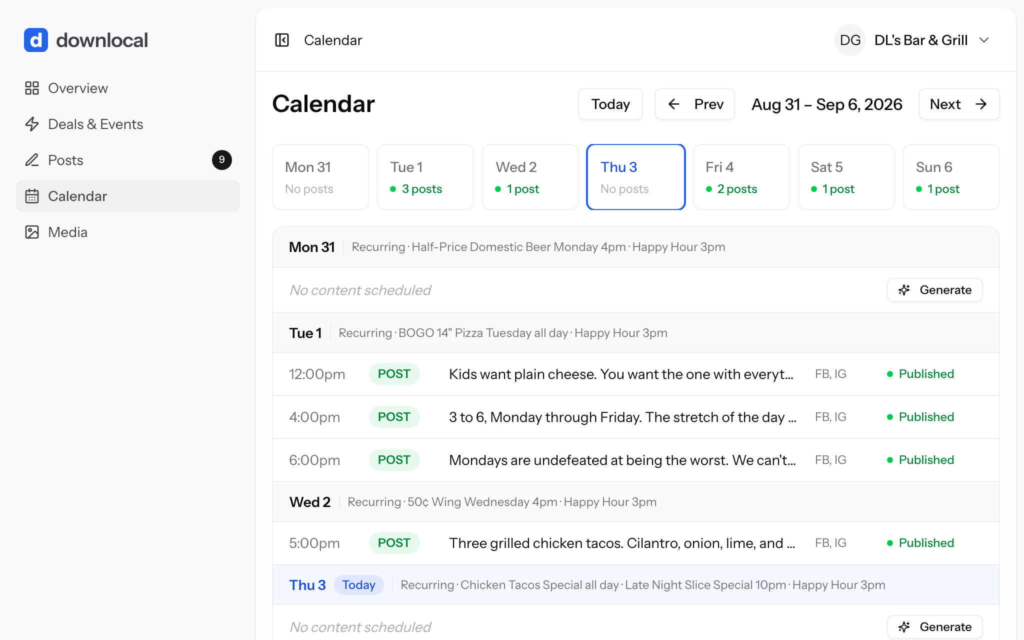 Downlocal web app calendar, a week strip with post counts above a day-by-day agenda of recurring deals and scheduled posts