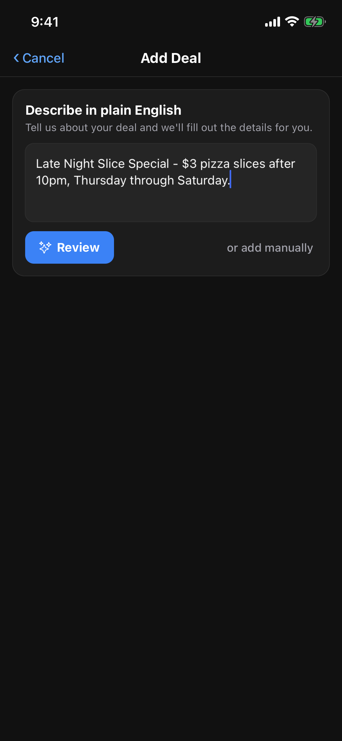 Downlocal mobile app Add Deal form, with a title, description, and a row of weekday toggles for choosing which days the deal repeats on