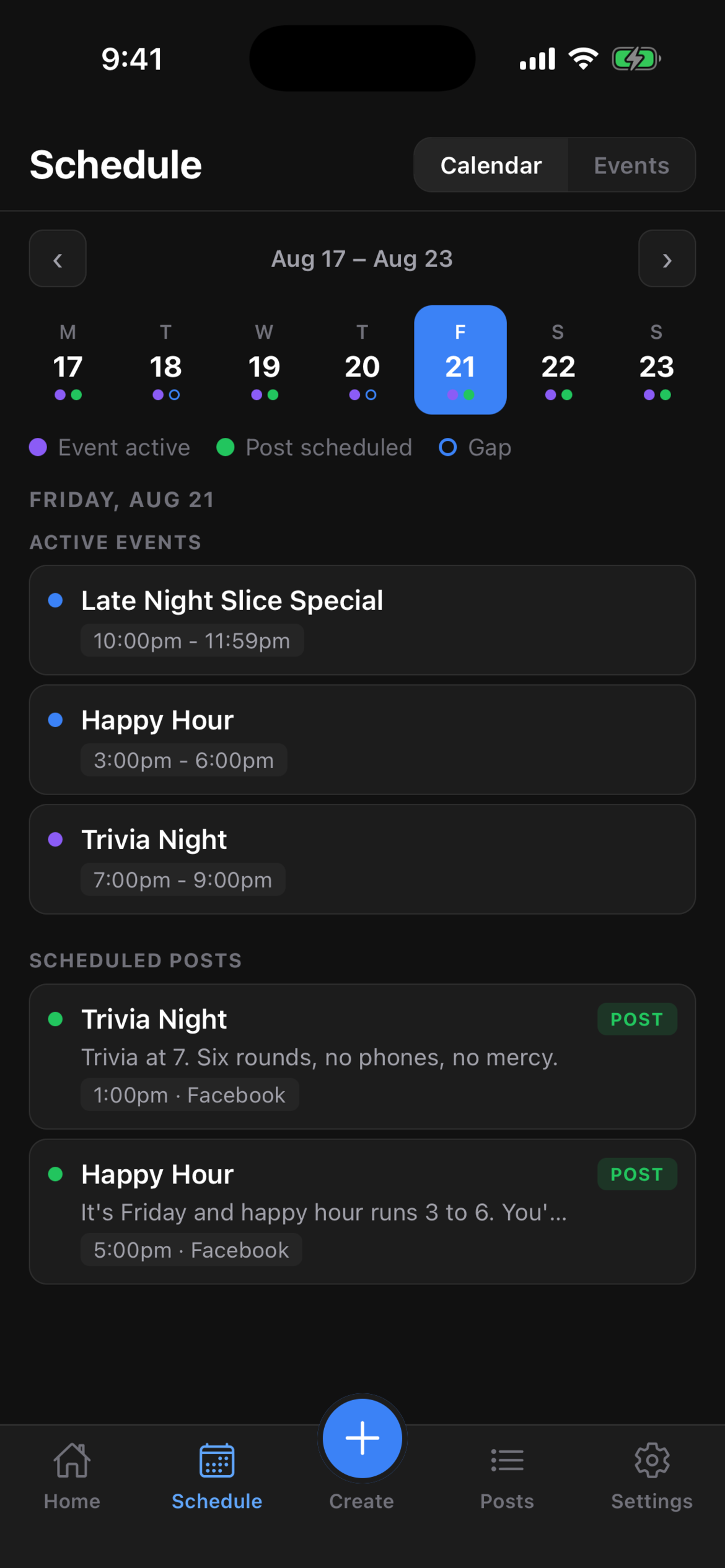 Downlocal mobile app schedule screen showing a week strip with dots marking active events and scheduled posts, and the selected day's events and posts listed below