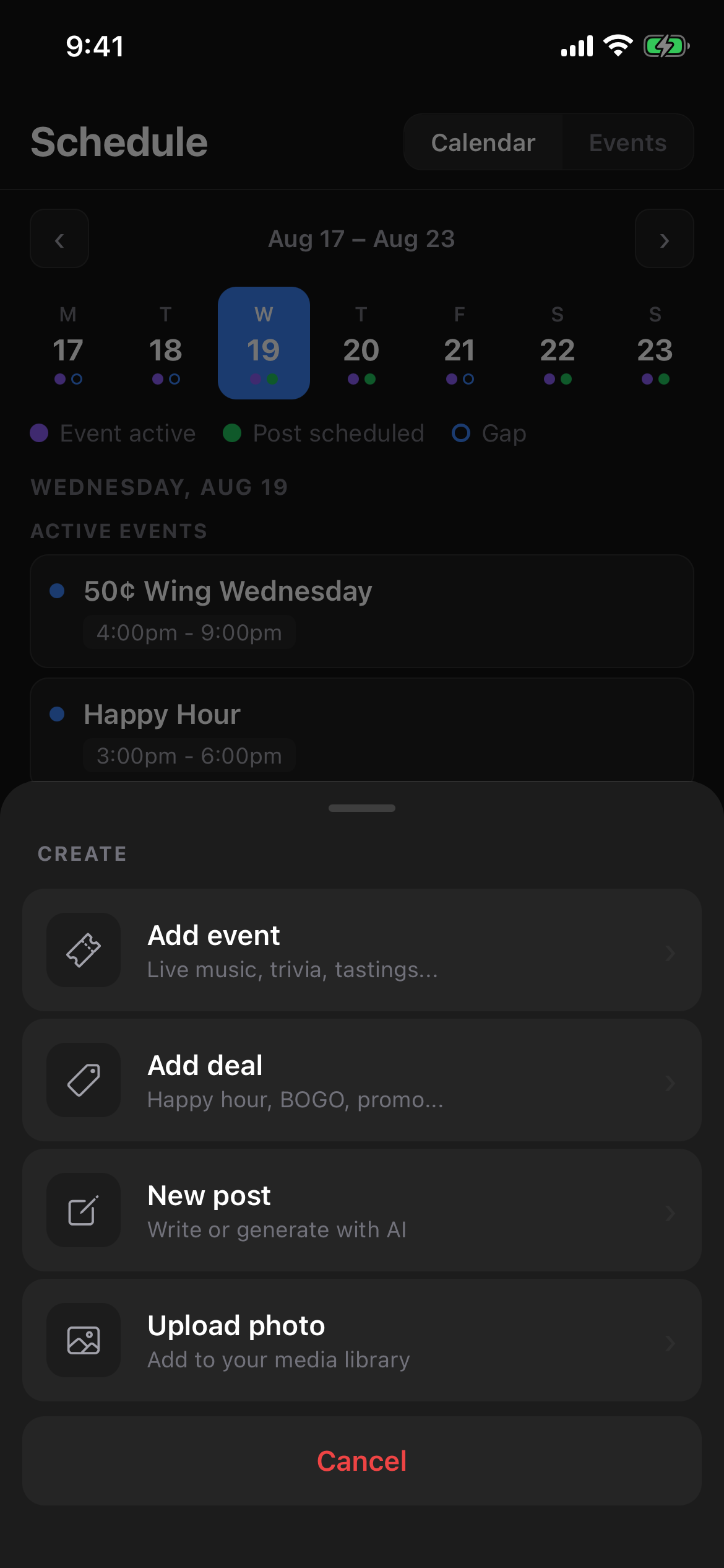 Downlocal mobile app create sheet, offering Add event, Add deal, New post and Upload photo