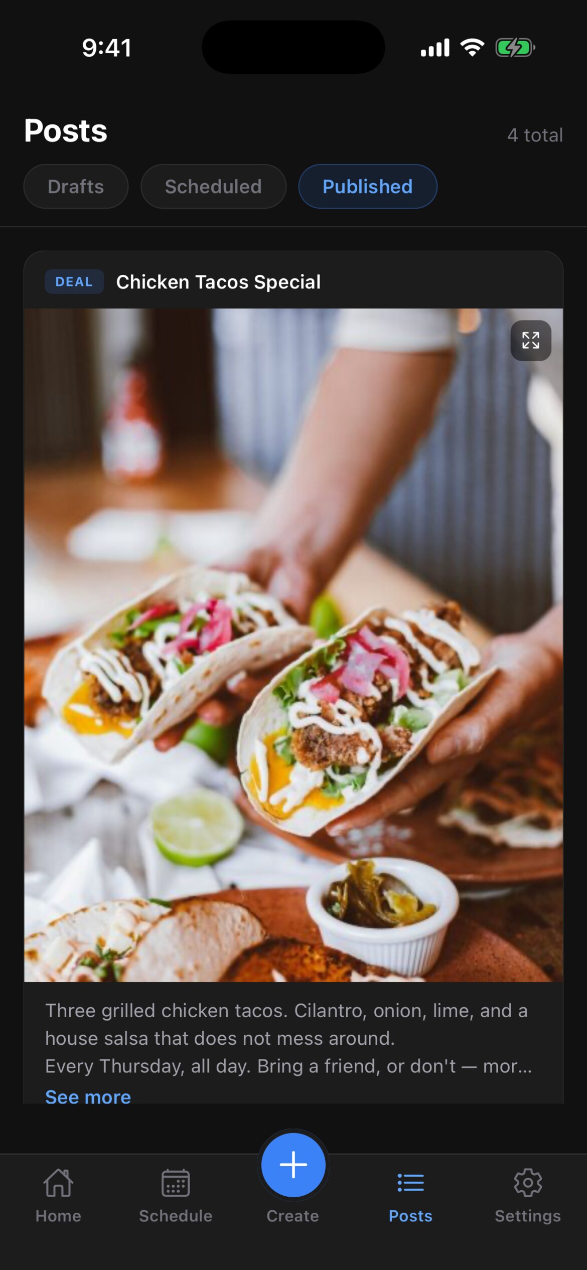 Downlocal mobile app Posts tab, Published segment, showing posts with their photos that went out to Facebook and Instagram