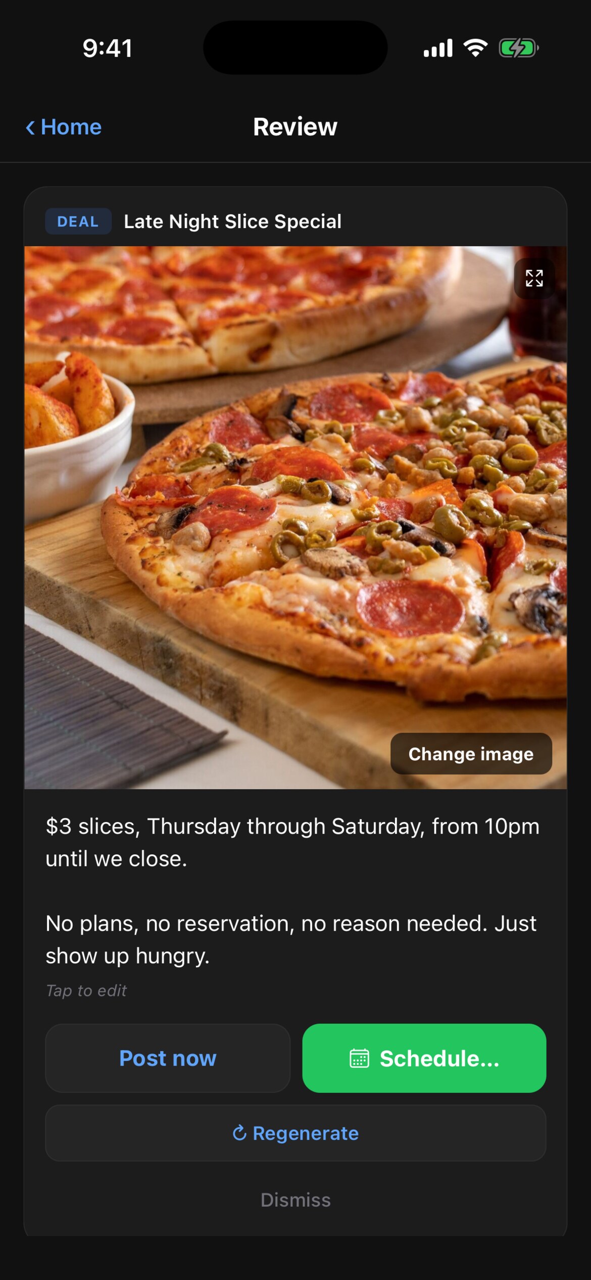 Downlocal mobile app review screen showing a drafted post for the Live Music: The Ridgeline Trio event, with its caption and the Approve, Post now and Regenerate buttons