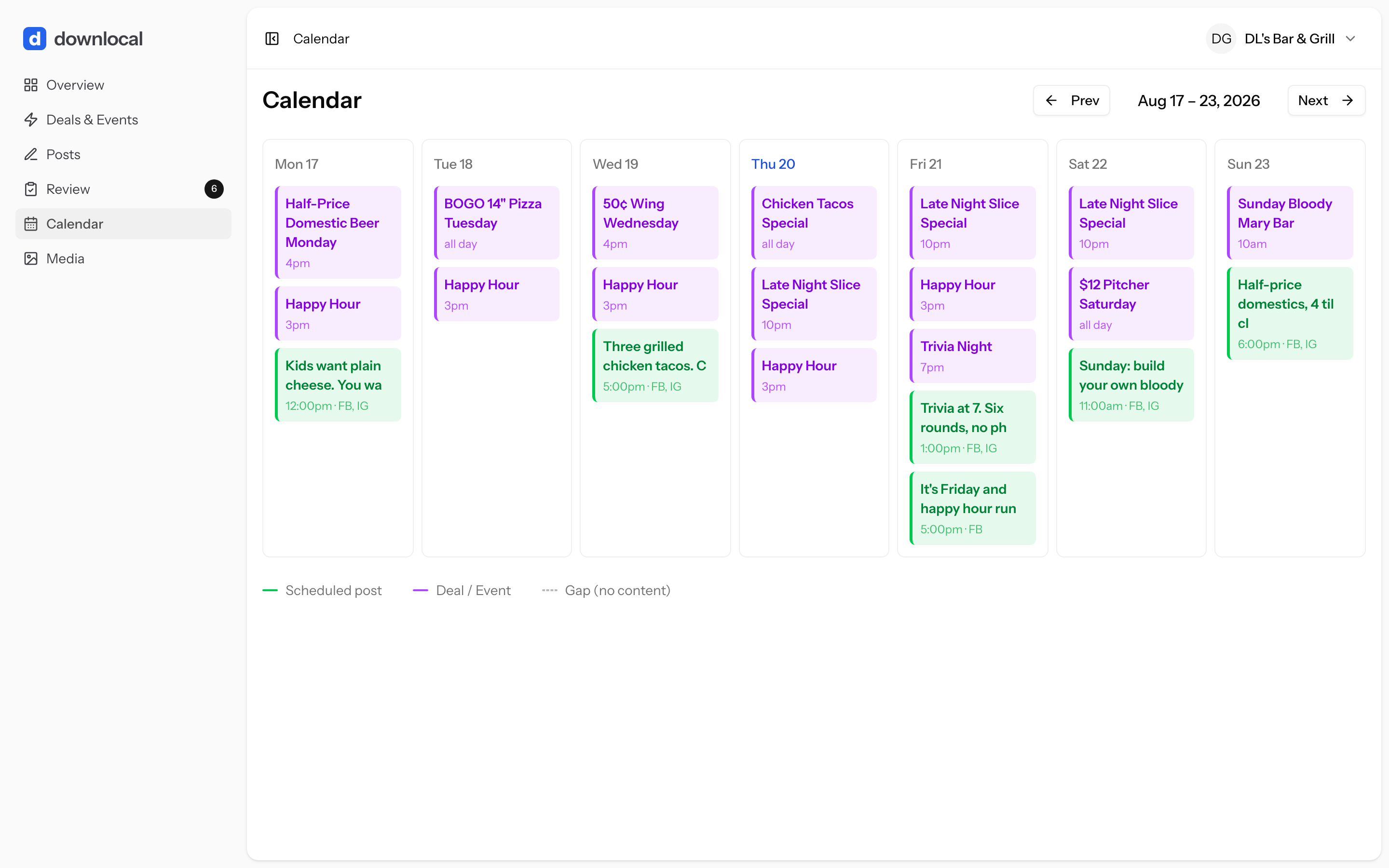 Downlocal web app calendar, showing a week grid with each day's active deals and the posts scheduled against them