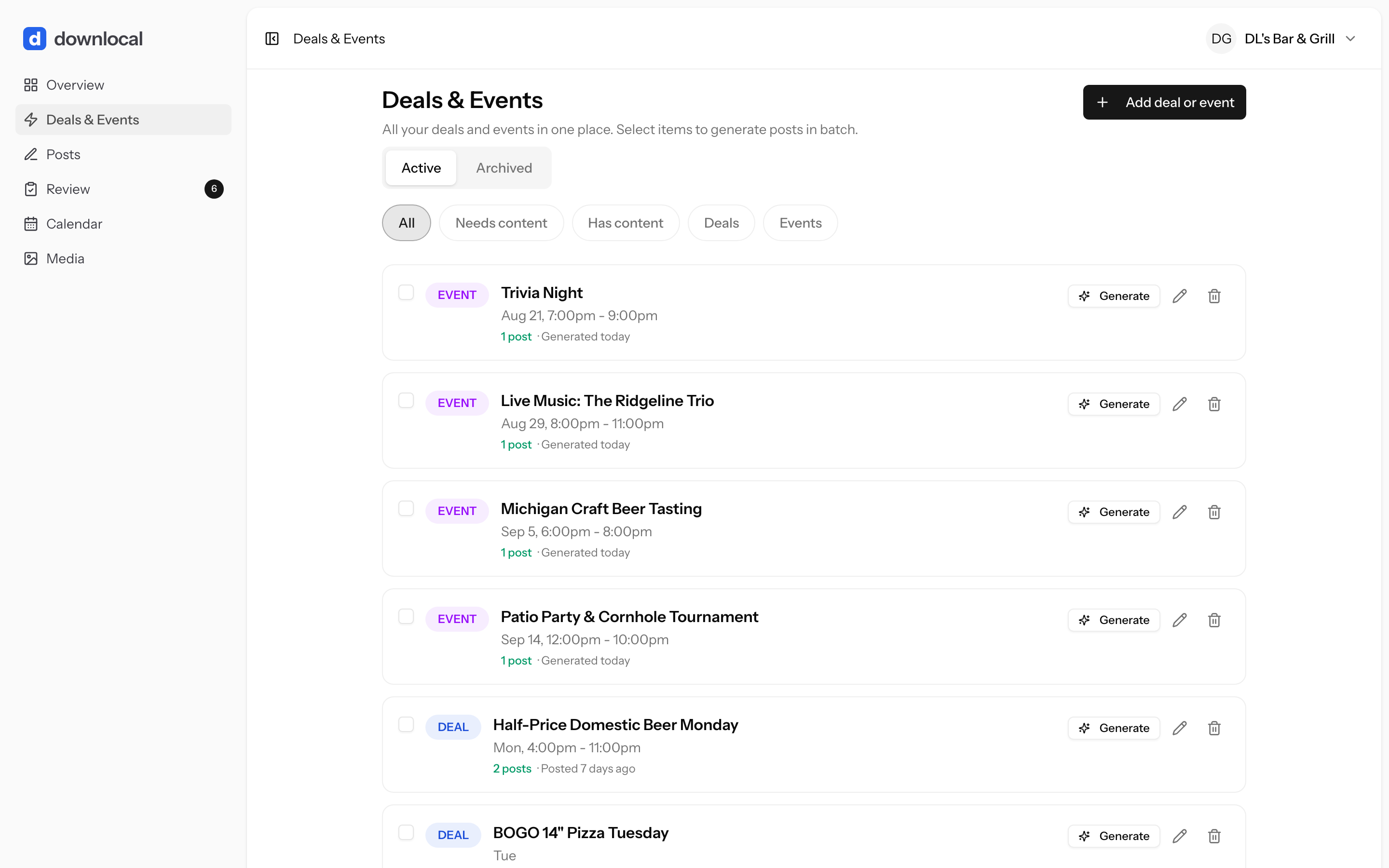 Downlocal web app Deals and Events list, showing recurring deals such as BOGO 14-inch Pizza Tuesday and Happy Hour alongside one-off events like Trivia Night