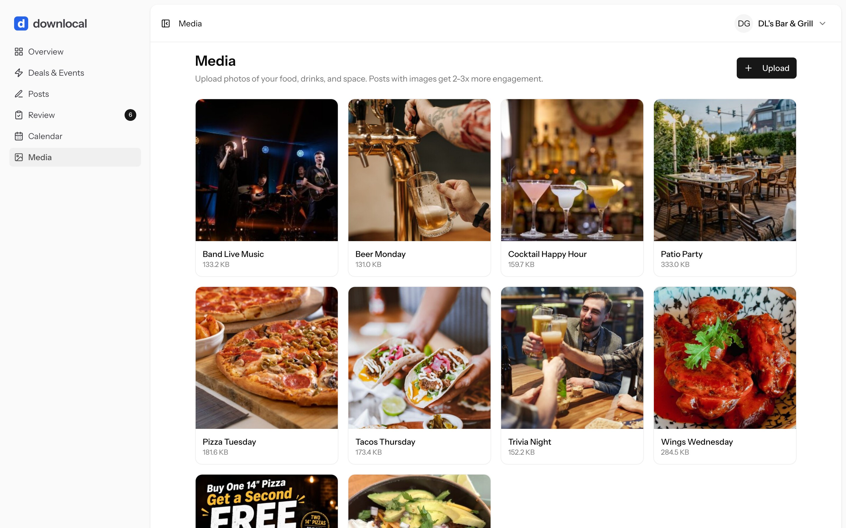 Downlocal web app media library, a grid of the business's own photos of food, drinks and the room
