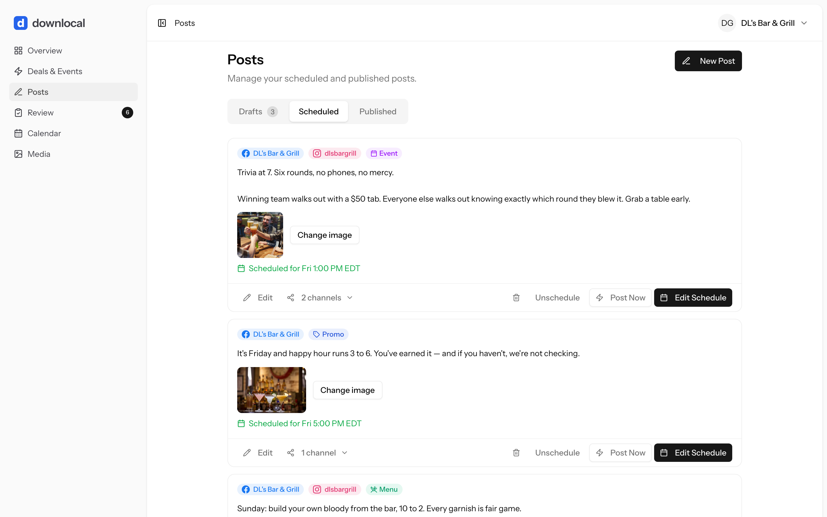 Downlocal web app Posts list, showing drafted captions for BOGO Pizza Tuesday, Half-Price Domestic Beer Monday and Happy Hour