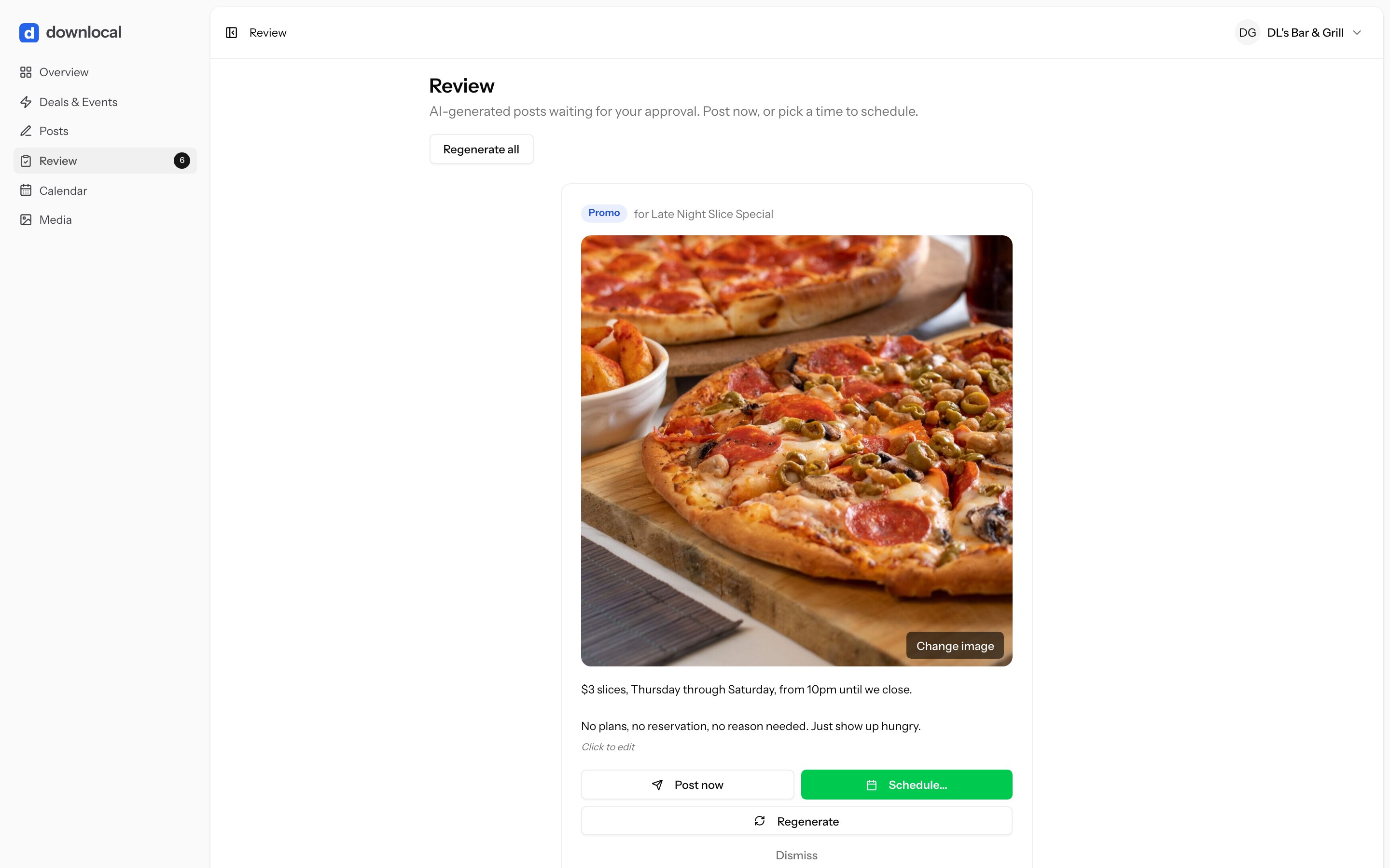 Downlocal web app review queue, listing drafted posts for The Ridgeline Trio, the Michigan Craft Beer Tasting and the Chicken Tacos Special, each with Approve, Edit and Skip actions